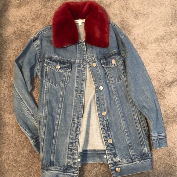 light wash denim jacket with fur collar